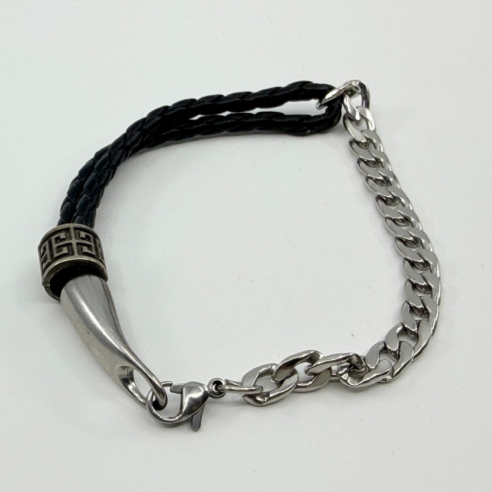 Y2K Black Braided Leather & Silver Tone‎ Curb Chain Greek Key Accent Bracelet